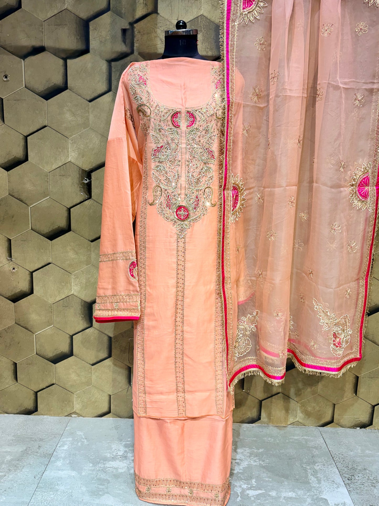 Chanderi ensemble in a soft, sophisticated peach hue with Zari embroidery