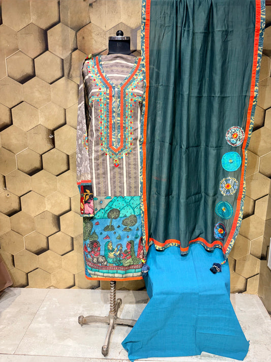 Pure cotton hand-block suit set with a stunning hand-painted Kalamkari ghera