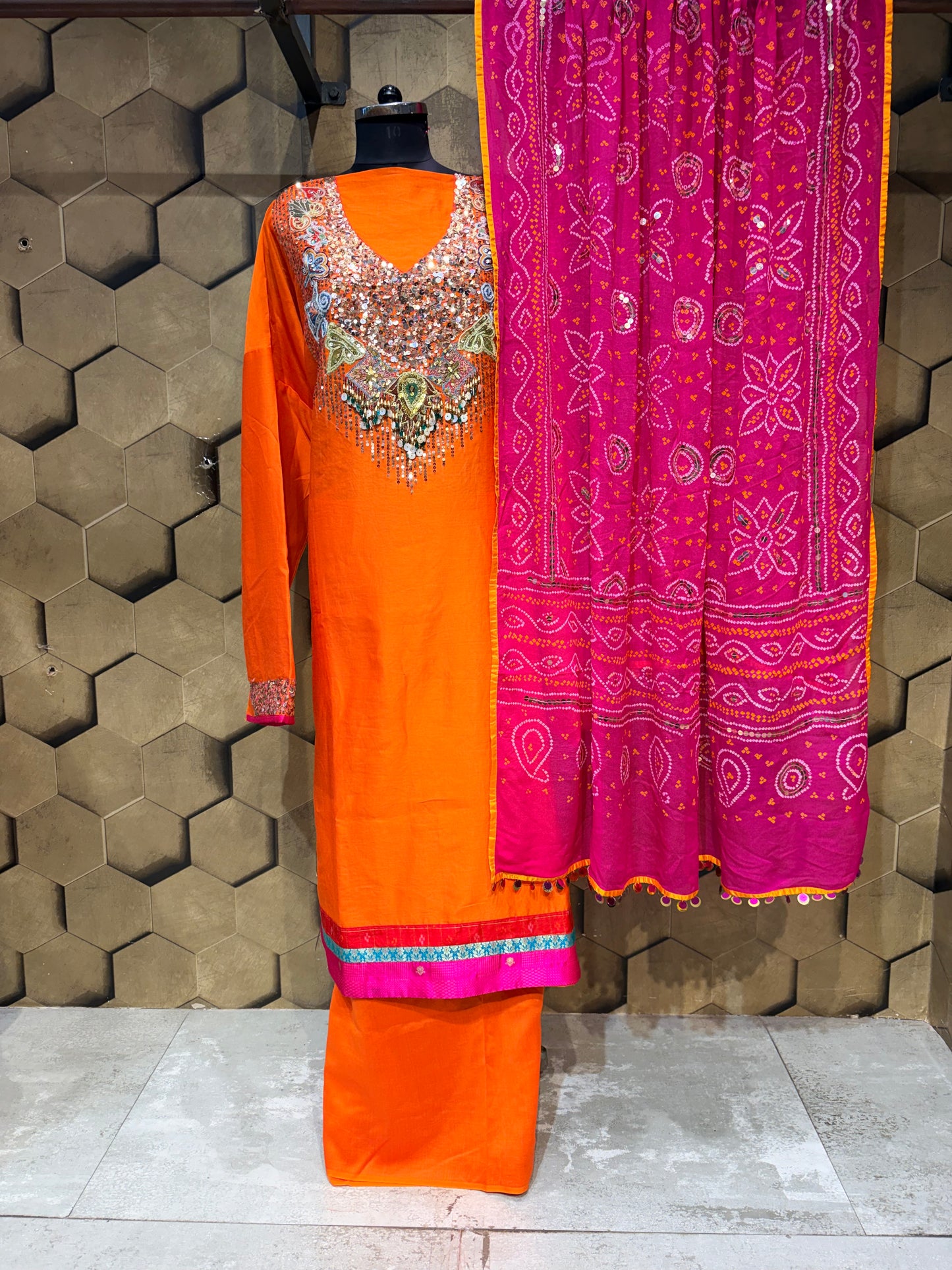 Luxurious and Vibrant Orange Pure Chanderi festive ensemble