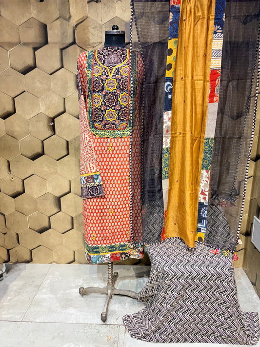 Pure cotton hand-block Dabu print suit set in a rich dark rust-maroon hue