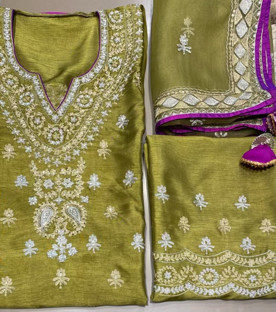 Vegan silk outfit in silver and gold zari