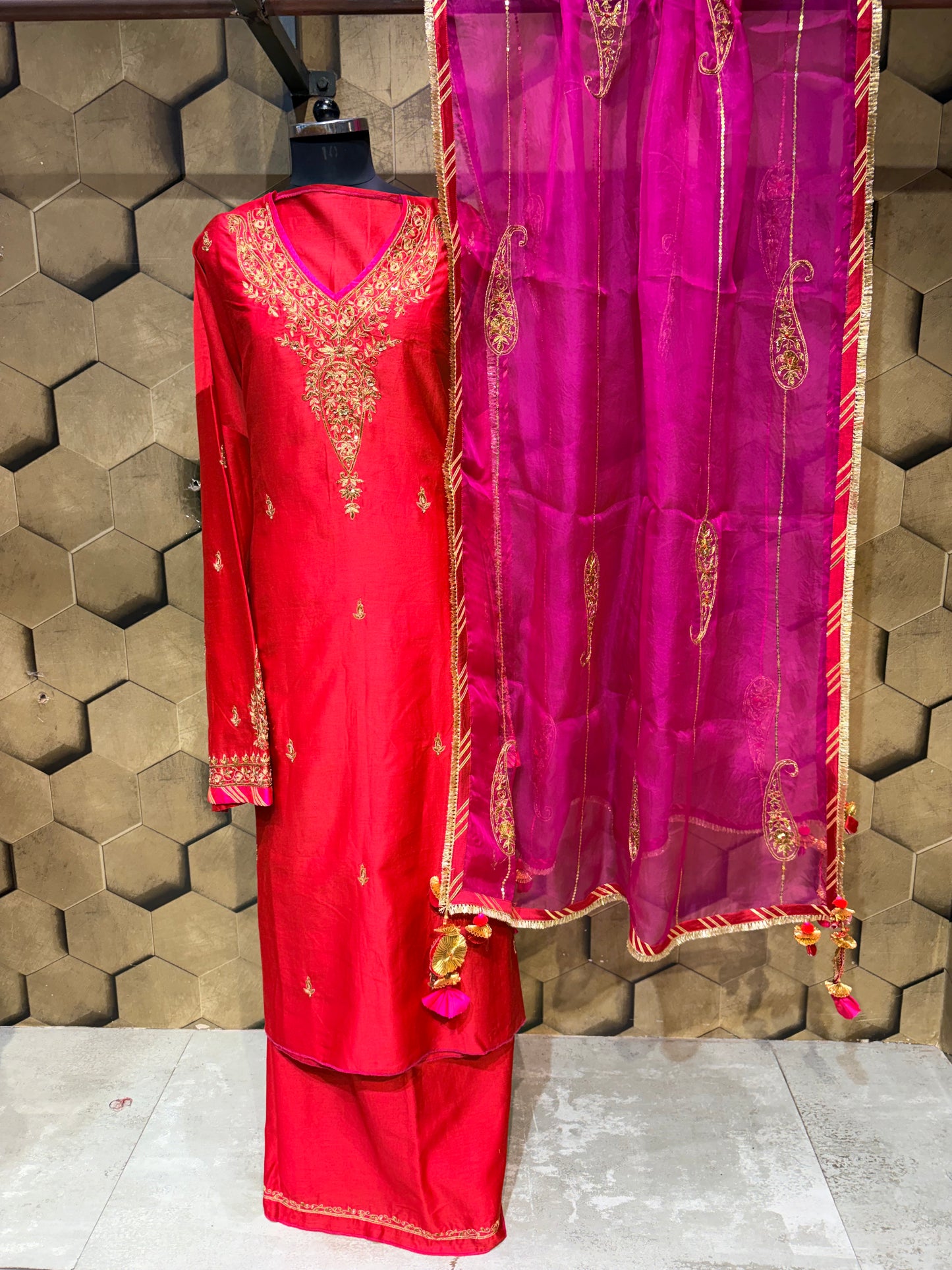 A Timeless Symphony of Red & Fuchsia in Elegant Chanderi with intricate Hand embroidery