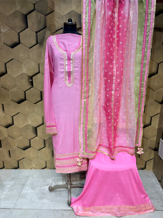 Graceful Mul Chanderi suit set in a beautiful muted pink hue with Laces and Gotta detailings