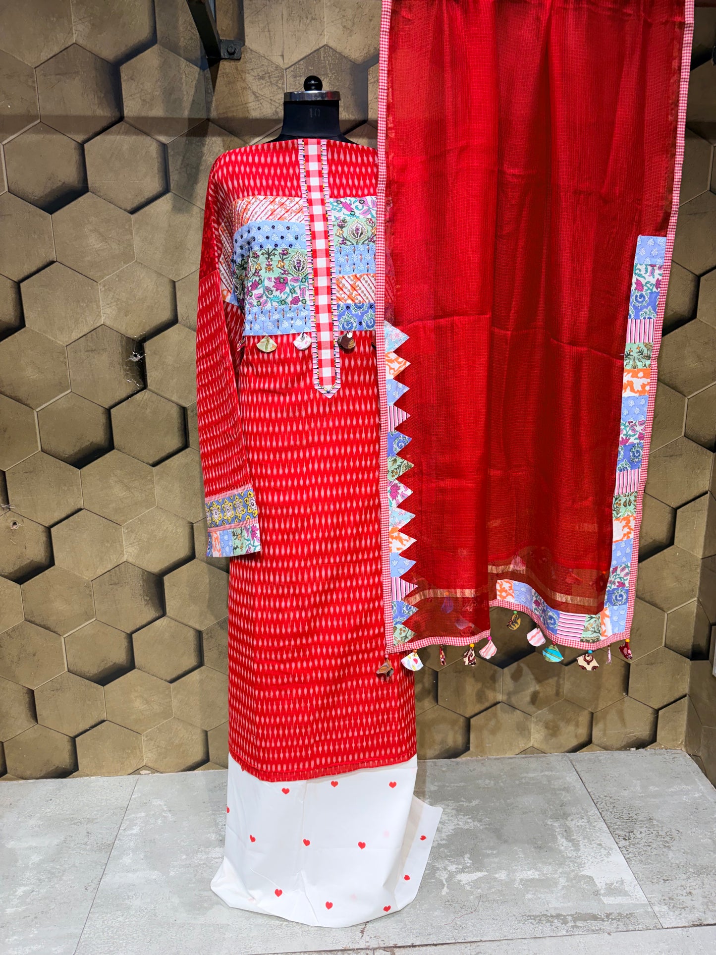 Pure cotton vibrant red ikat suit set