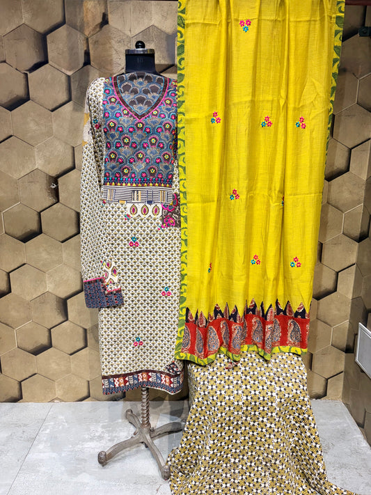 Pure handblock cotton crafted with Ajrakh and Dabu patchwork