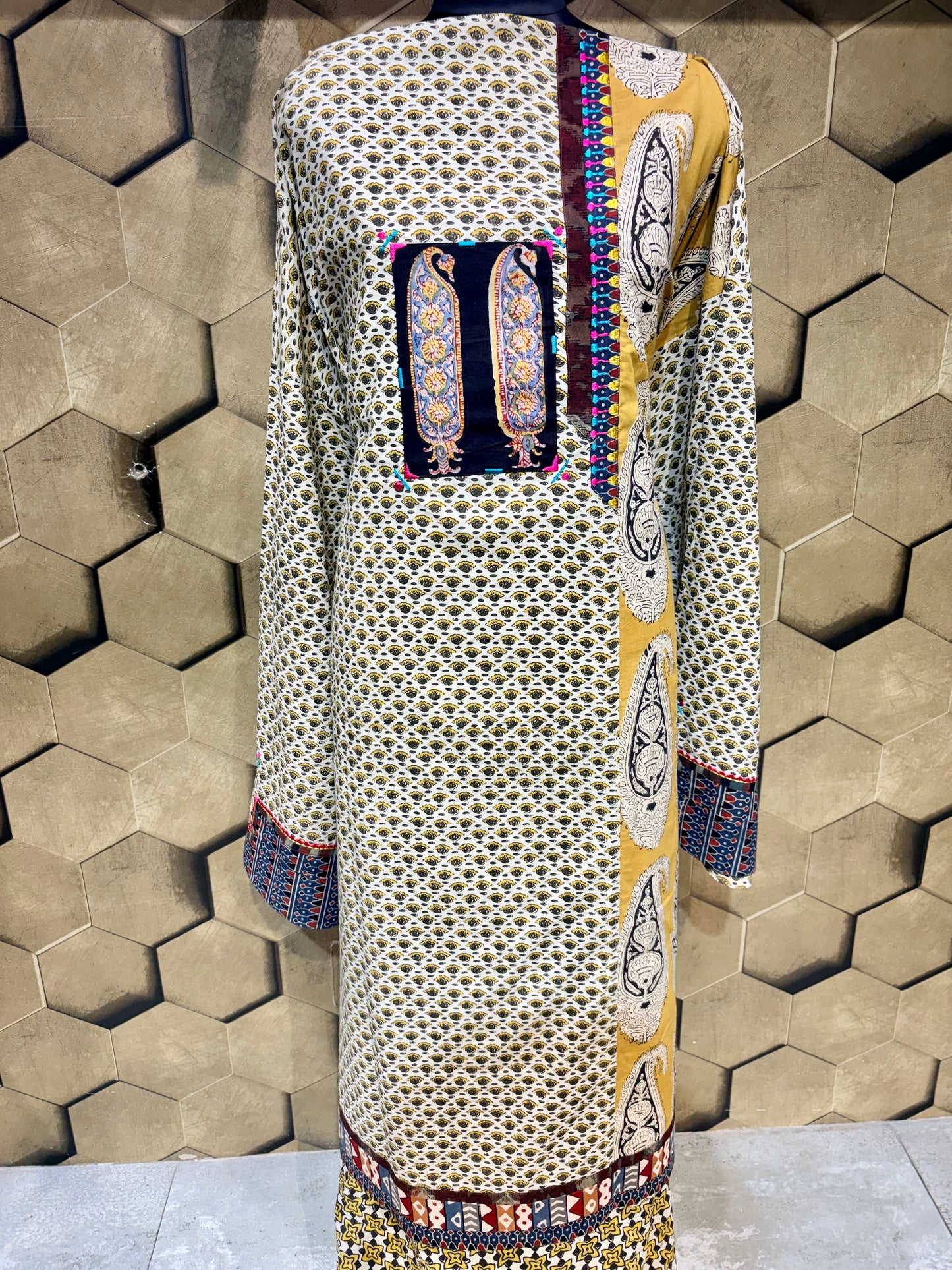 Pure handblock cotton crafted with Ajrakh and Dabu patchwork