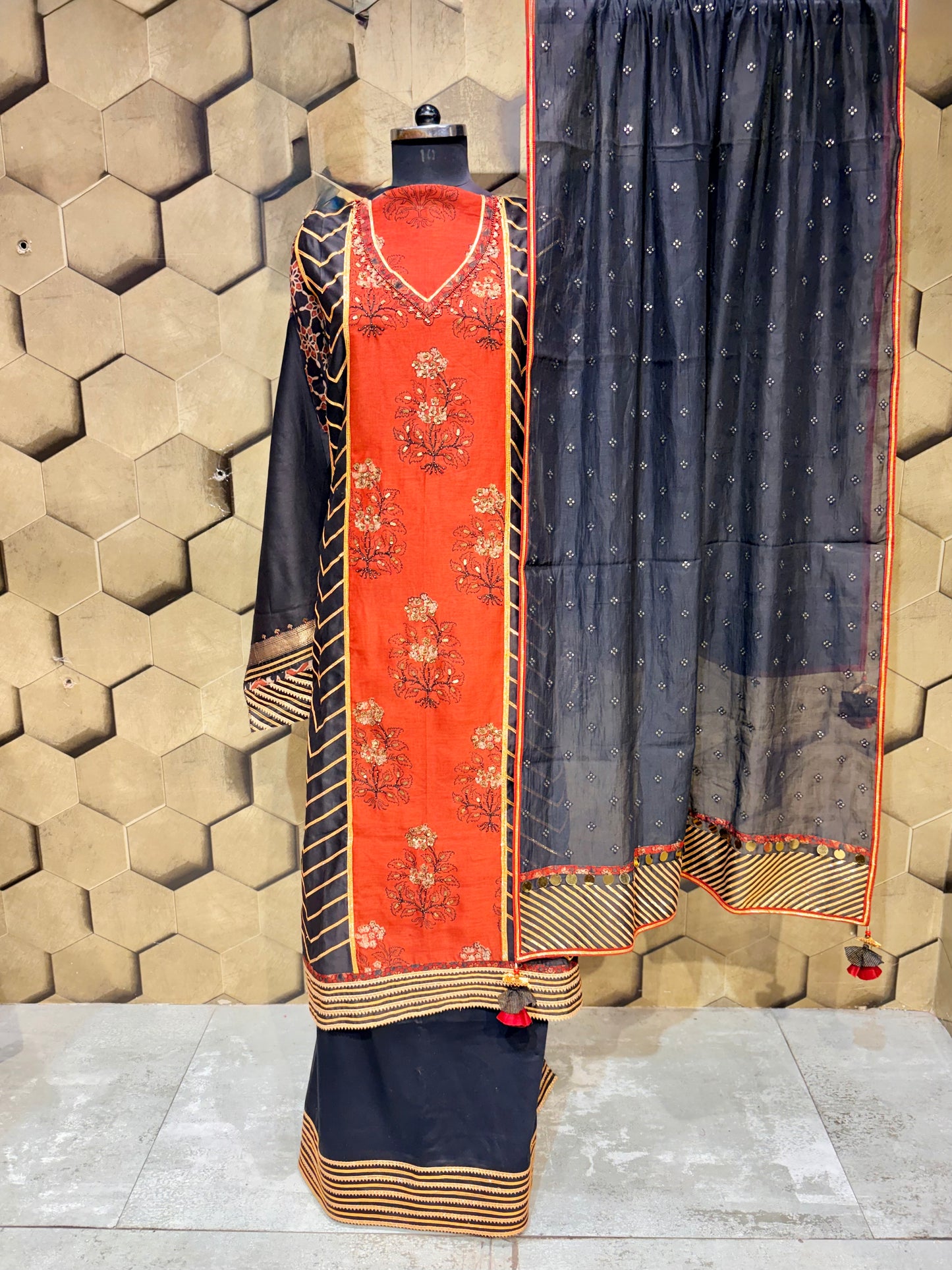 Rich Ajrakh block print Chanderi suit set with Gotta patti with intricate Hand work embroidery