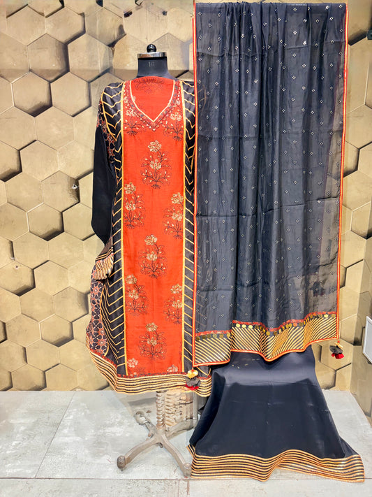 Rich Ajrakh block print Chanderi suit set with Gotta patti with intricate Hand work embroidery