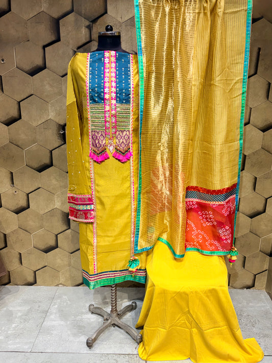 Vibrant bright mustard suit set in elegant Chanderi