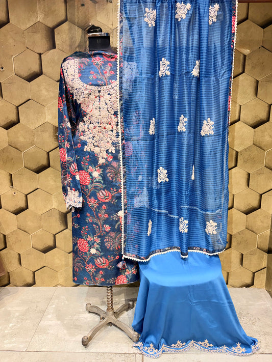 Luxurious linen satin suit set with dori embroidery