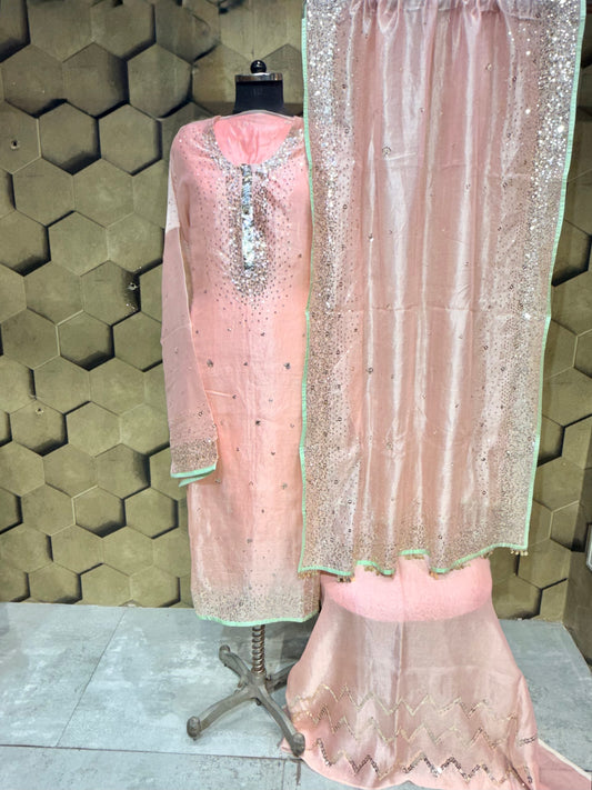 Elegant soft peach tissue with zari and intricate sequins embroidery