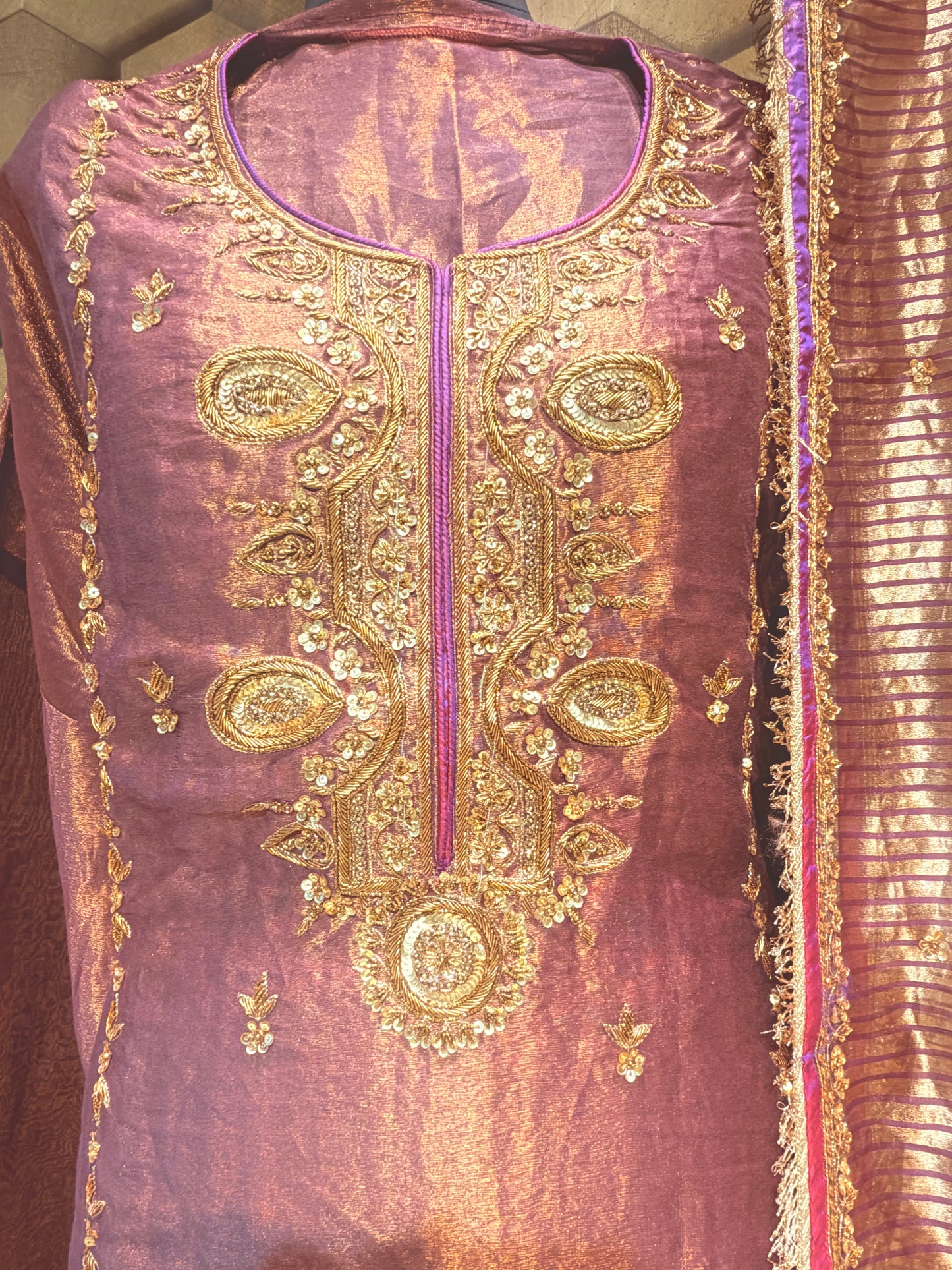 Regal Elegance in Deep Wine Pure Tissue with Hand embroidery