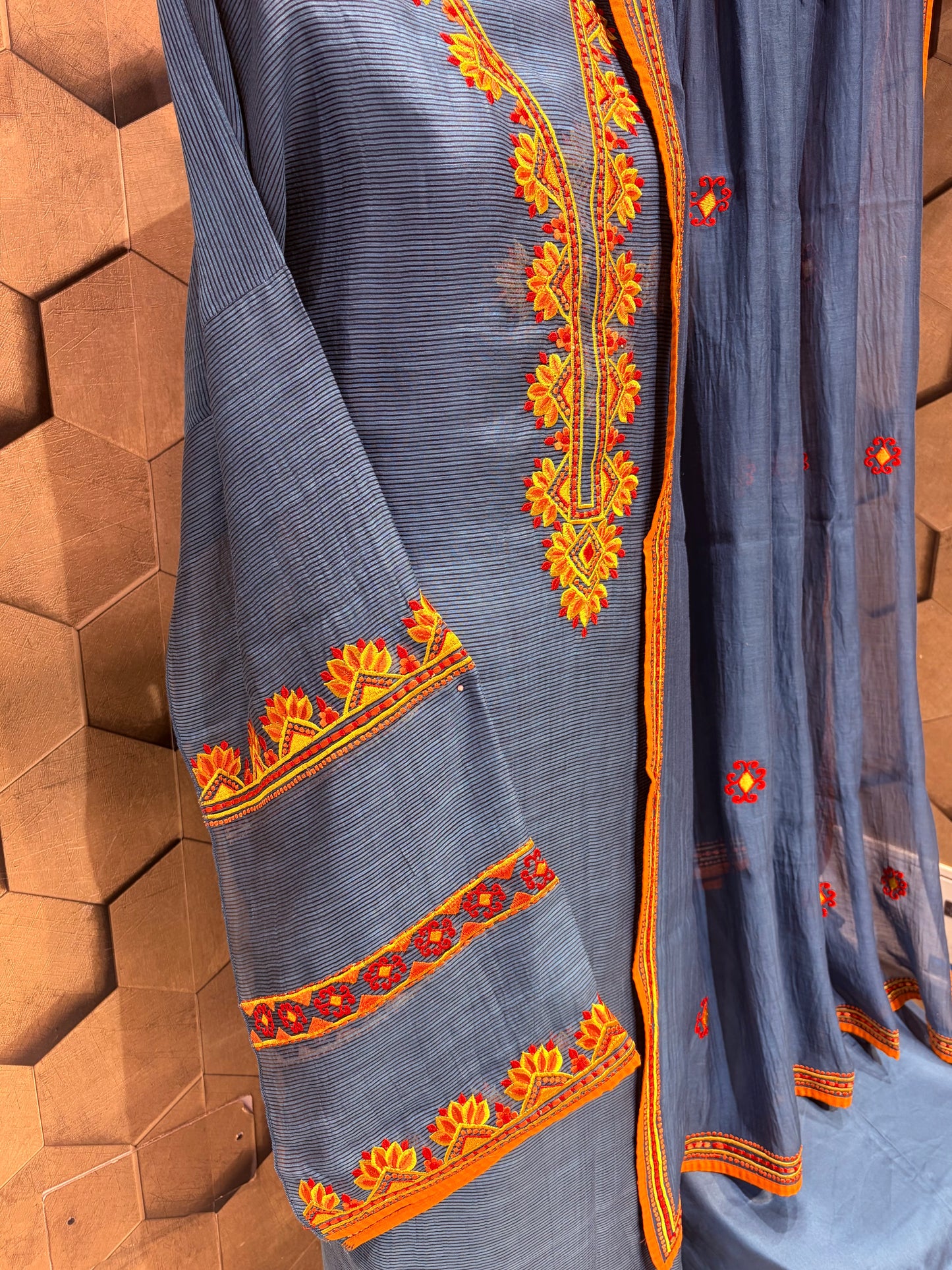 Striped Chanderi Suit Set with Resham Embroidery