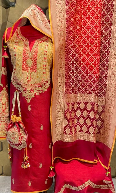 Vegan silk embroidery outfit with Banarasi bandhini dupatta