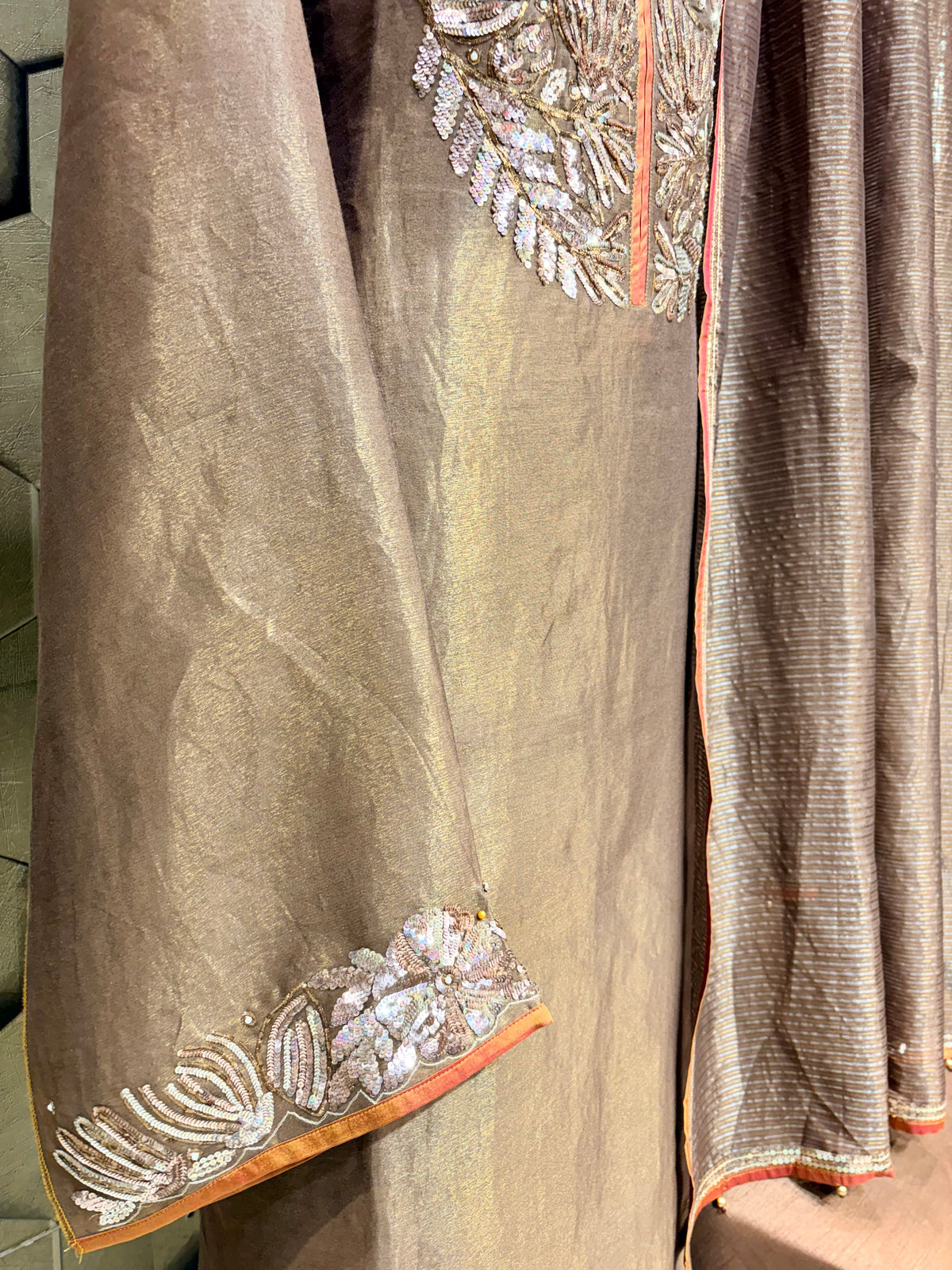 Copper Bronze Tissue Ensemble with Elegant Hand embroidery