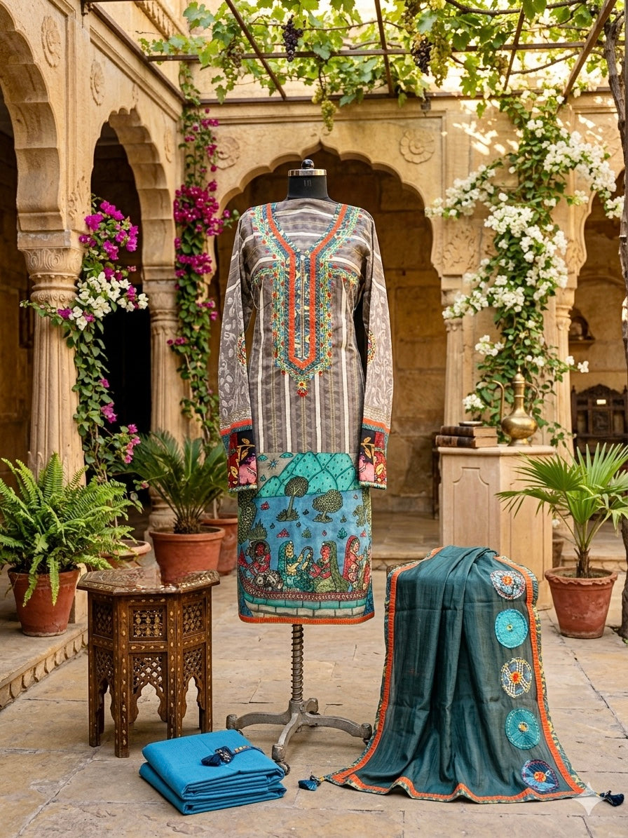 Pure cotton hand-block  suit set with a stunning hand-painted Kalamkari ghera