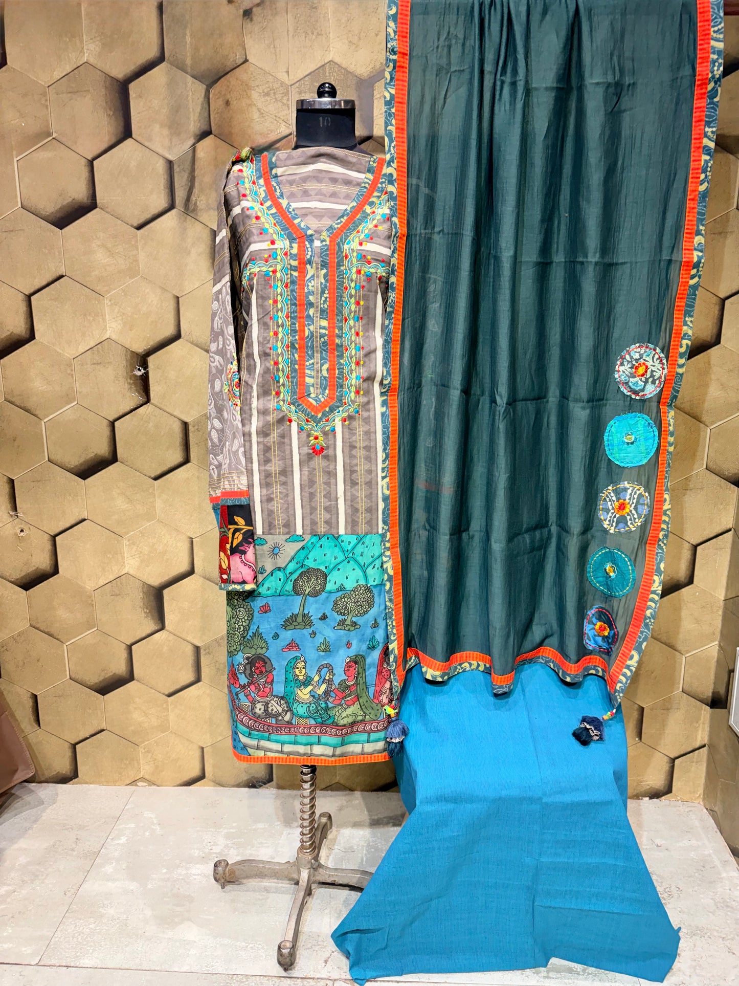 Pure cotton hand-block  suit set with a stunning hand-painted Kalamkari ghera