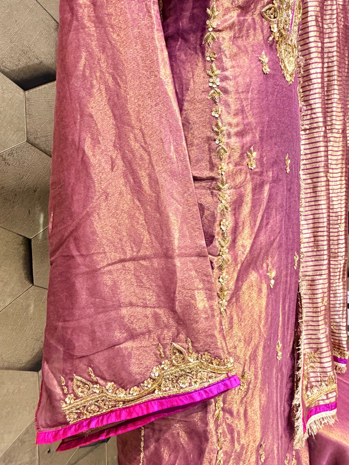 Regal Elegance in Deep Wine Pure Tissue with Hand embroidery