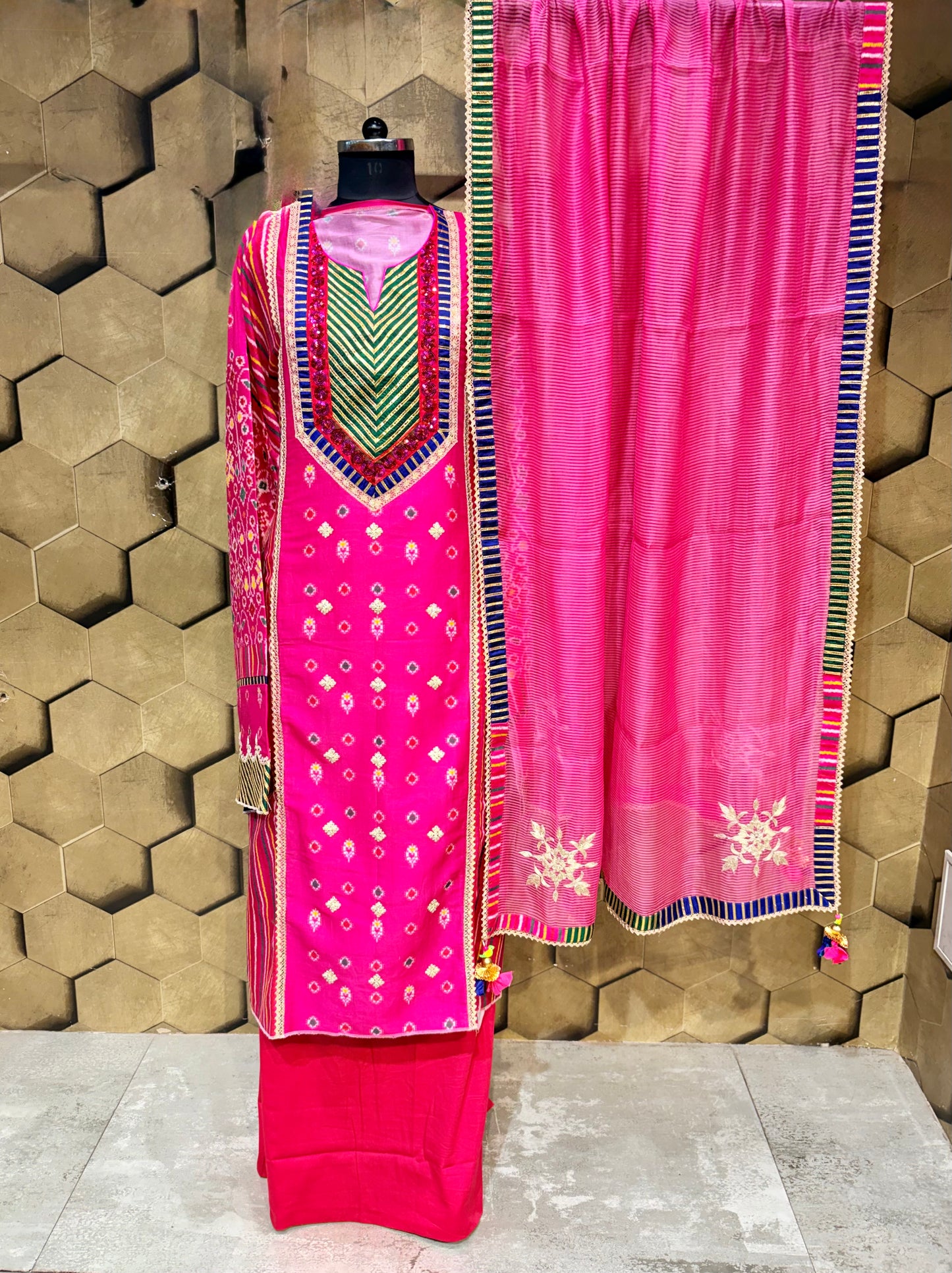 Vibrant and beautiful Pure Chanderi suit set in bright fuchsia Patola print
