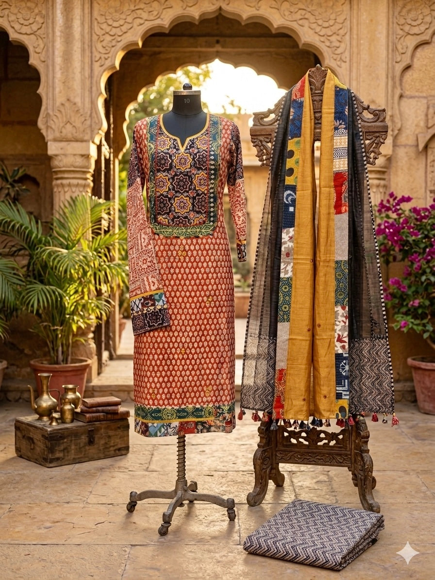 Pure cotton hand-block Dabu print suit set in a rich dark rust-maroon hue