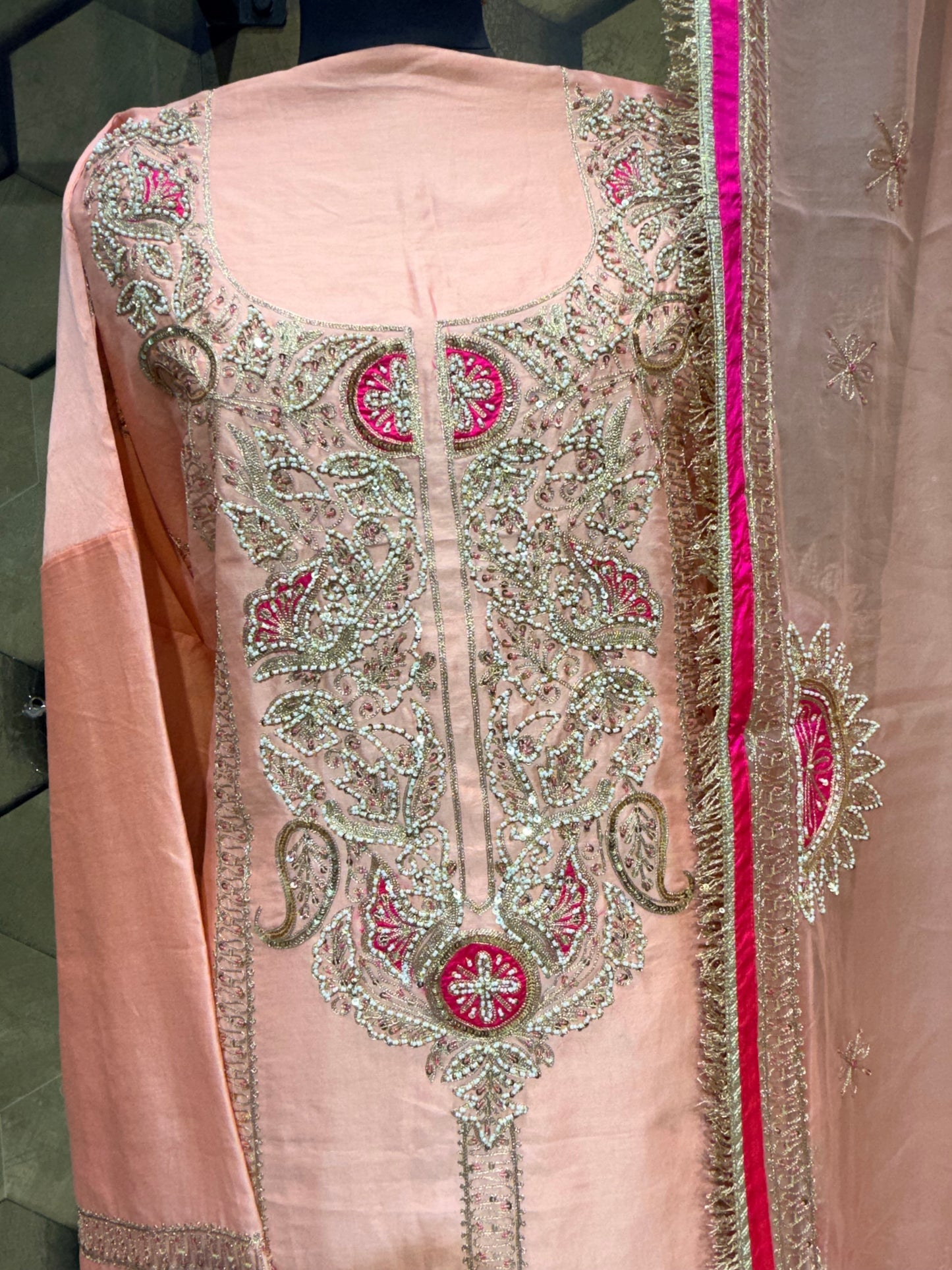 Chanderi ensemble in a soft, sophisticated peach hue with Zari embroidery
