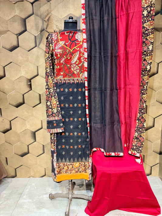 Elegant pure cotton suit set featuring a striking centre panel in pure Ikkat with hand-block Kalamkari