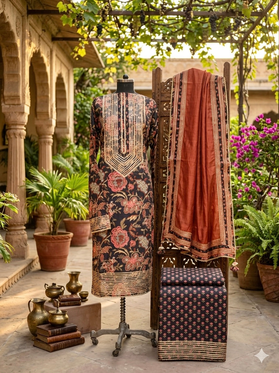 Pure cotton suit set in a timeless black shade with gotta detailings