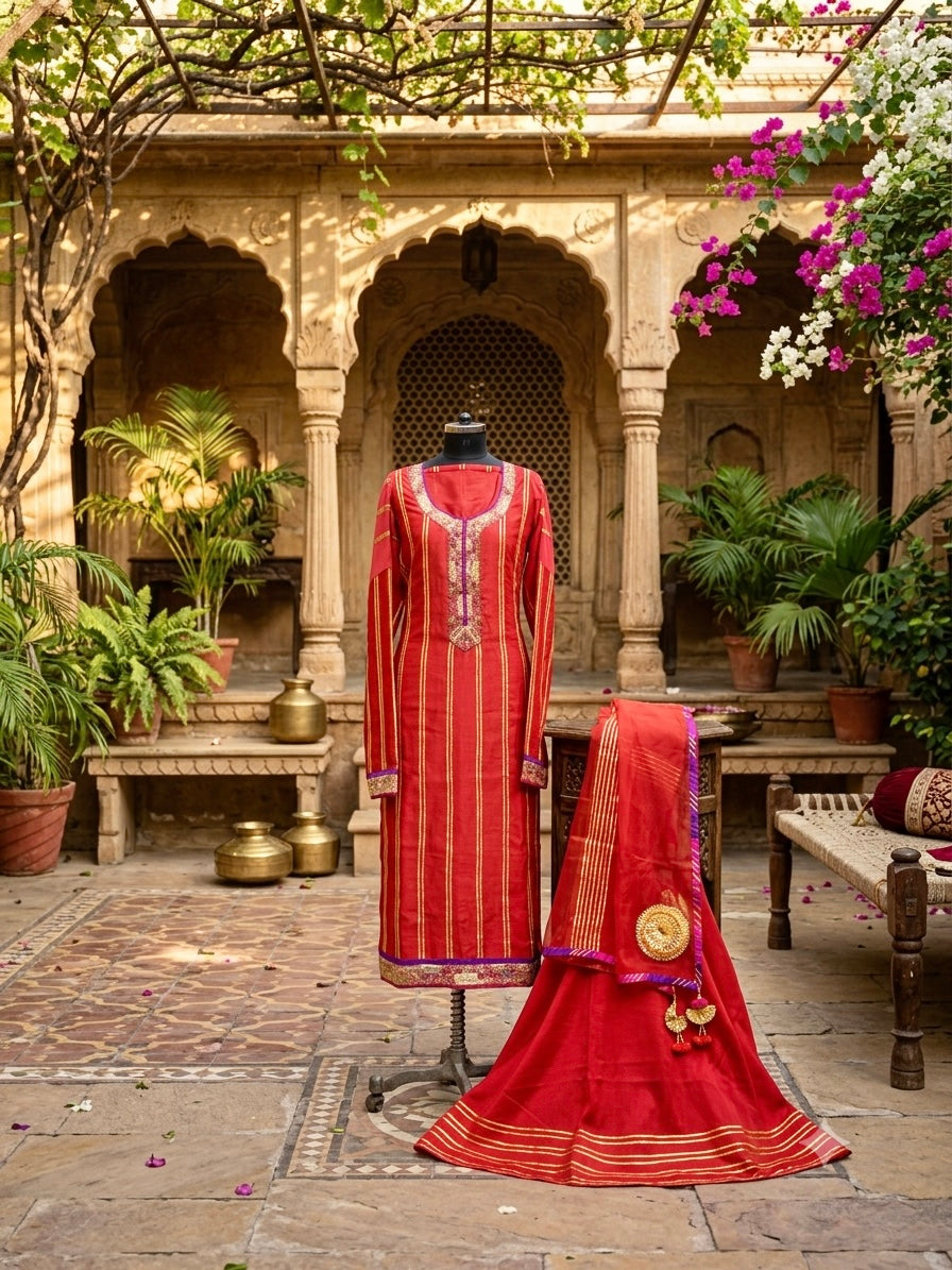 An exquisite festive masterpiece in a stunning coral red Chanderi fabric