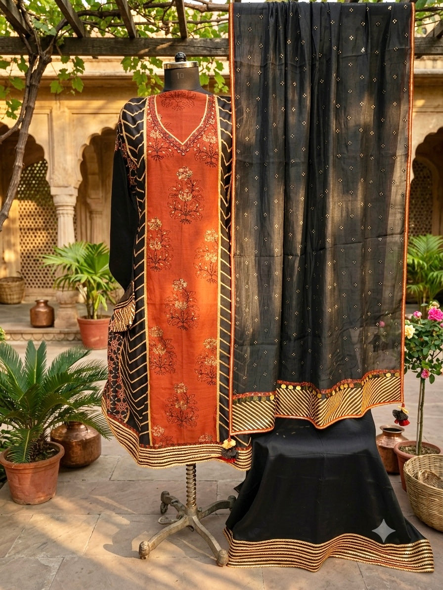 Rich Ajrakh block print Chanderi suit set with Gotta patti with intricate Hand work embroidery