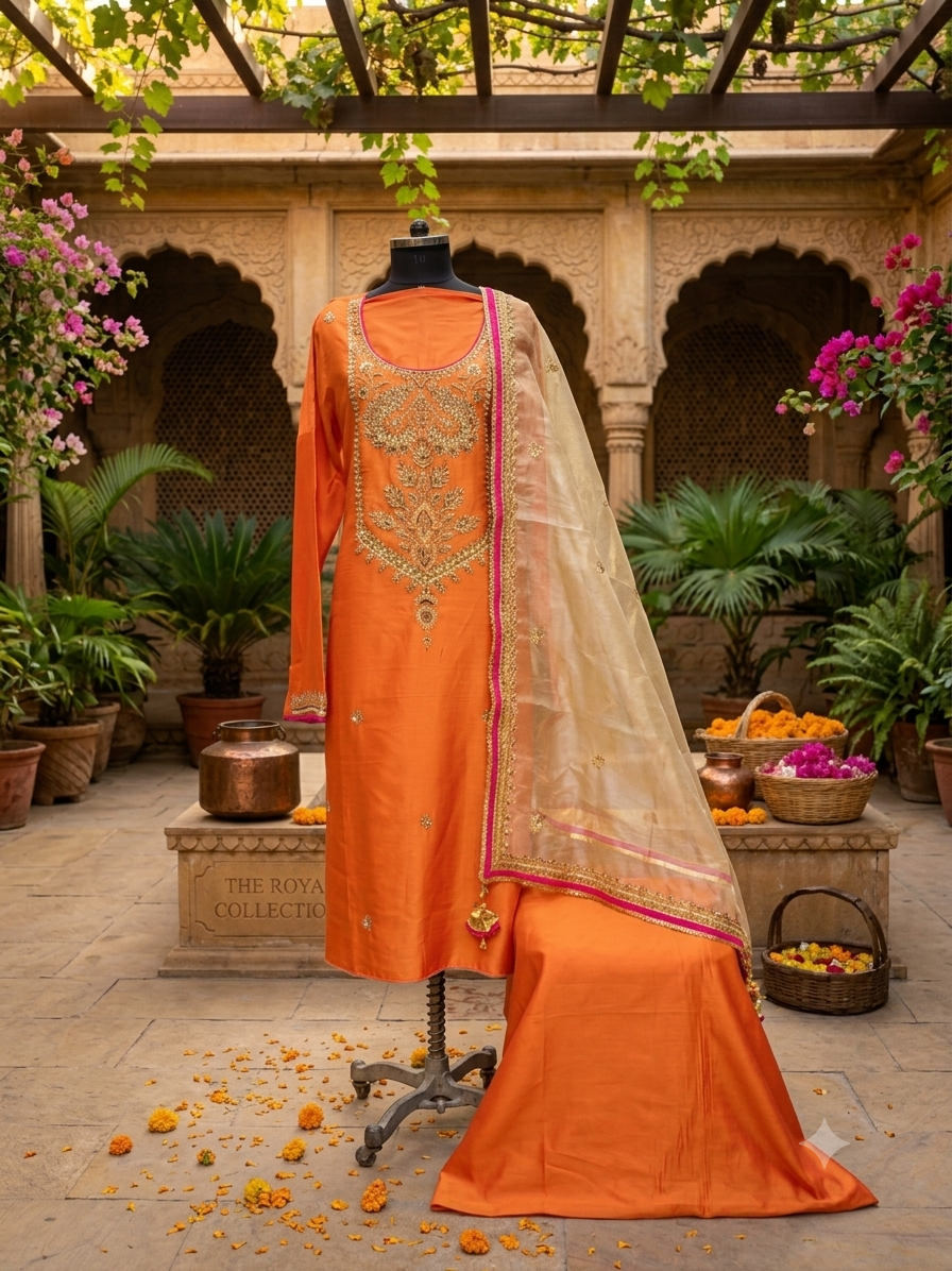Pure Chanderi Orange & Fuchsia Festive Grandeur