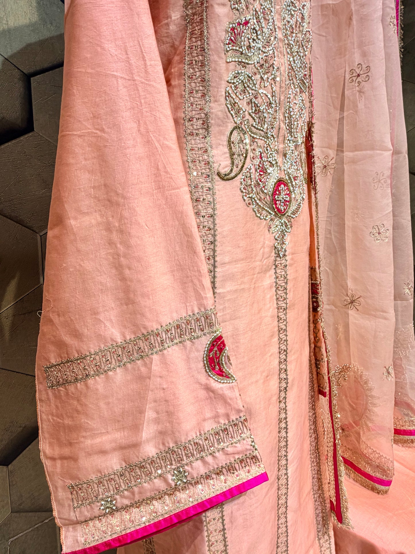 Chanderi ensemble in a soft, sophisticated peach hue with Zari embroidery