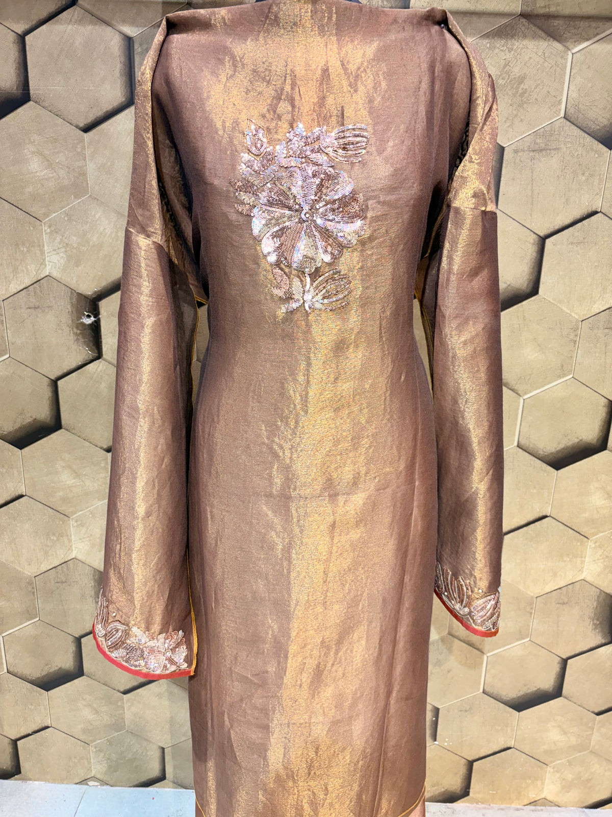 Copper Bronze Tissue Ensemble with Elegant Hand embroidery