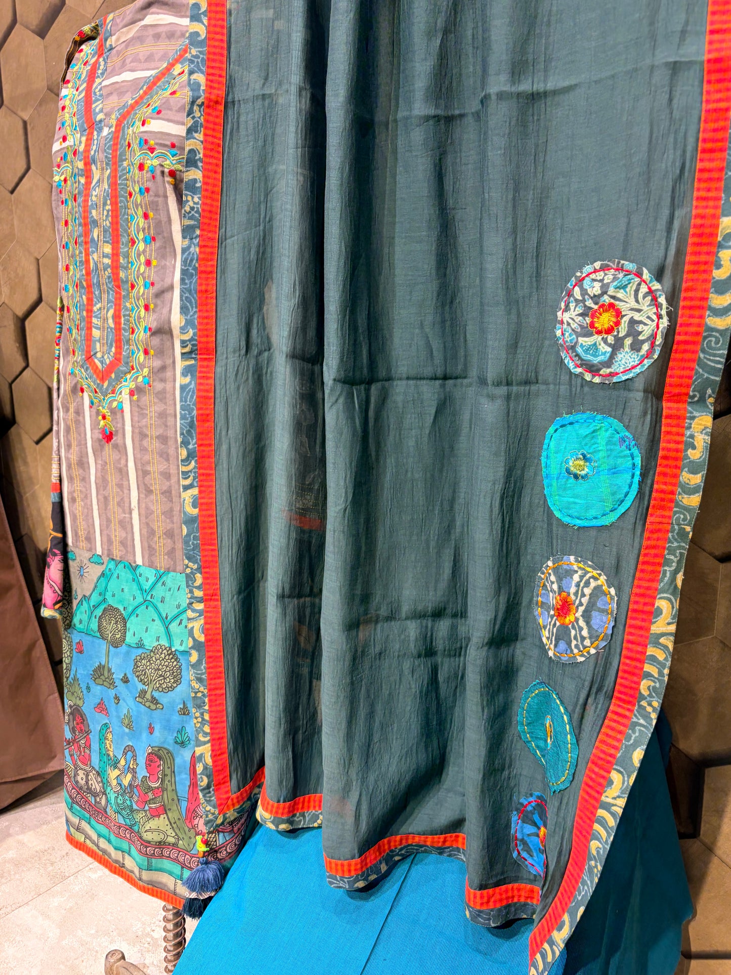 Pure cotton hand-block  suit set with a stunning hand-painted Kalamkari ghera