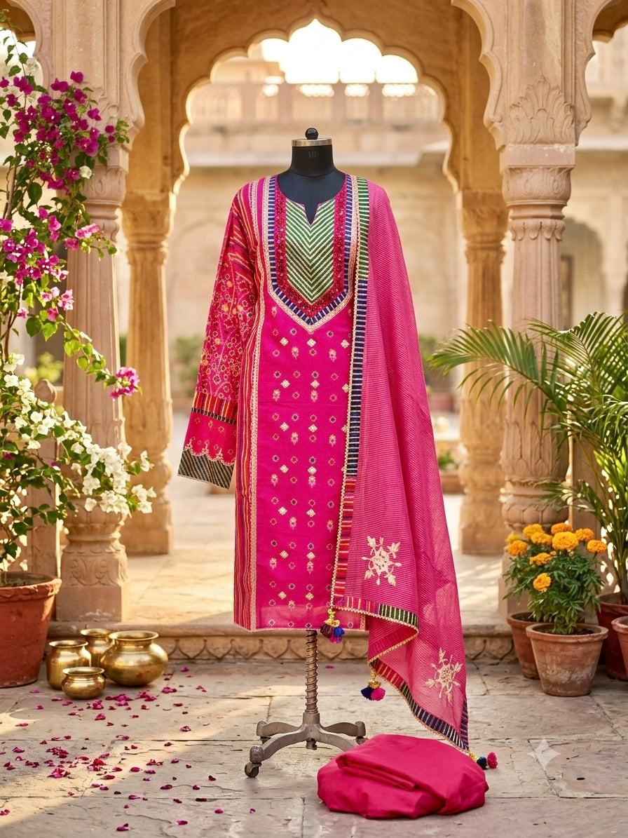 Vibrant and beautiful Pure Chanderi suit set in bright fuchsia Patola print