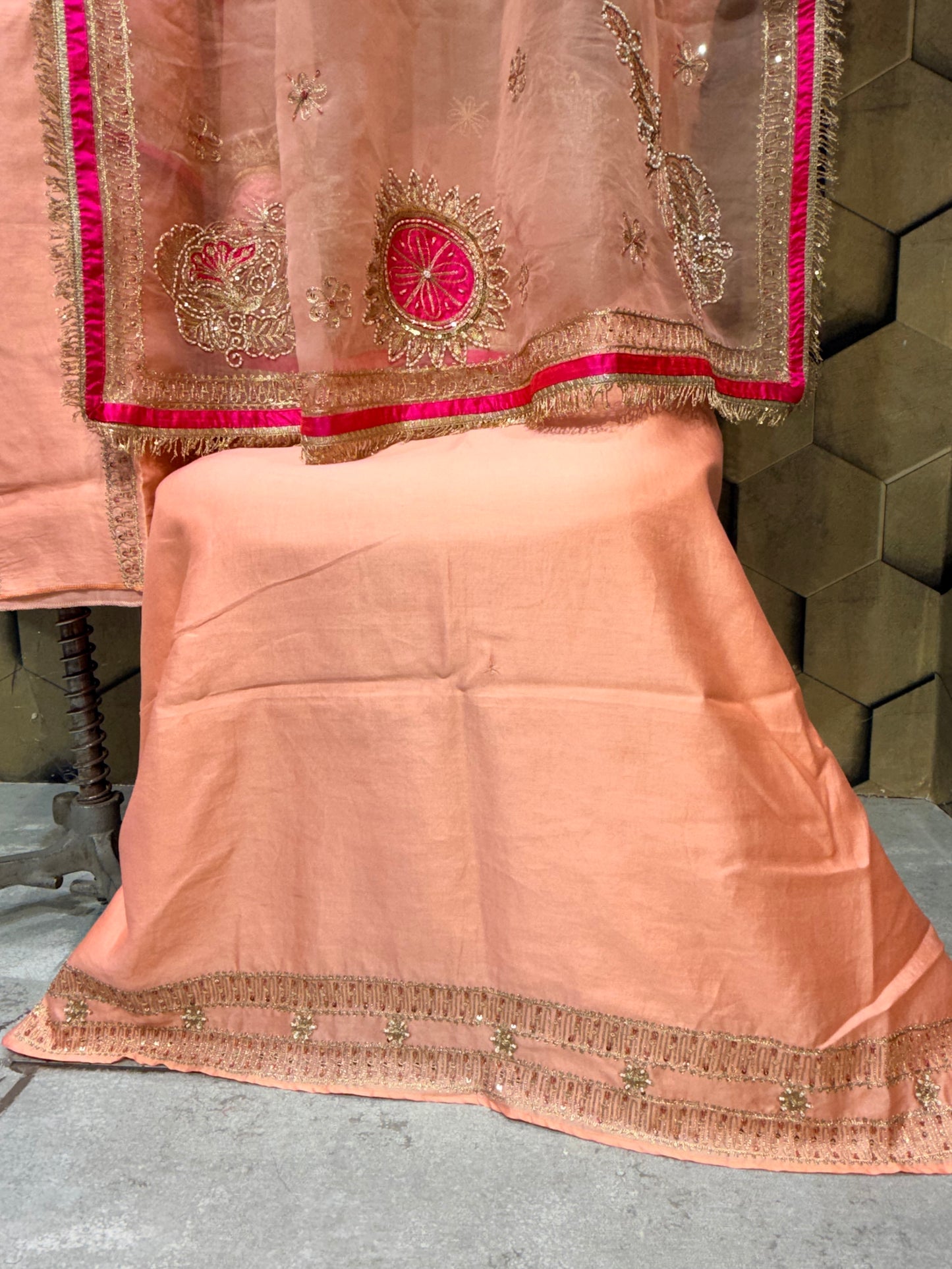 Chanderi ensemble in a soft, sophisticated peach hue with Zari embroidery