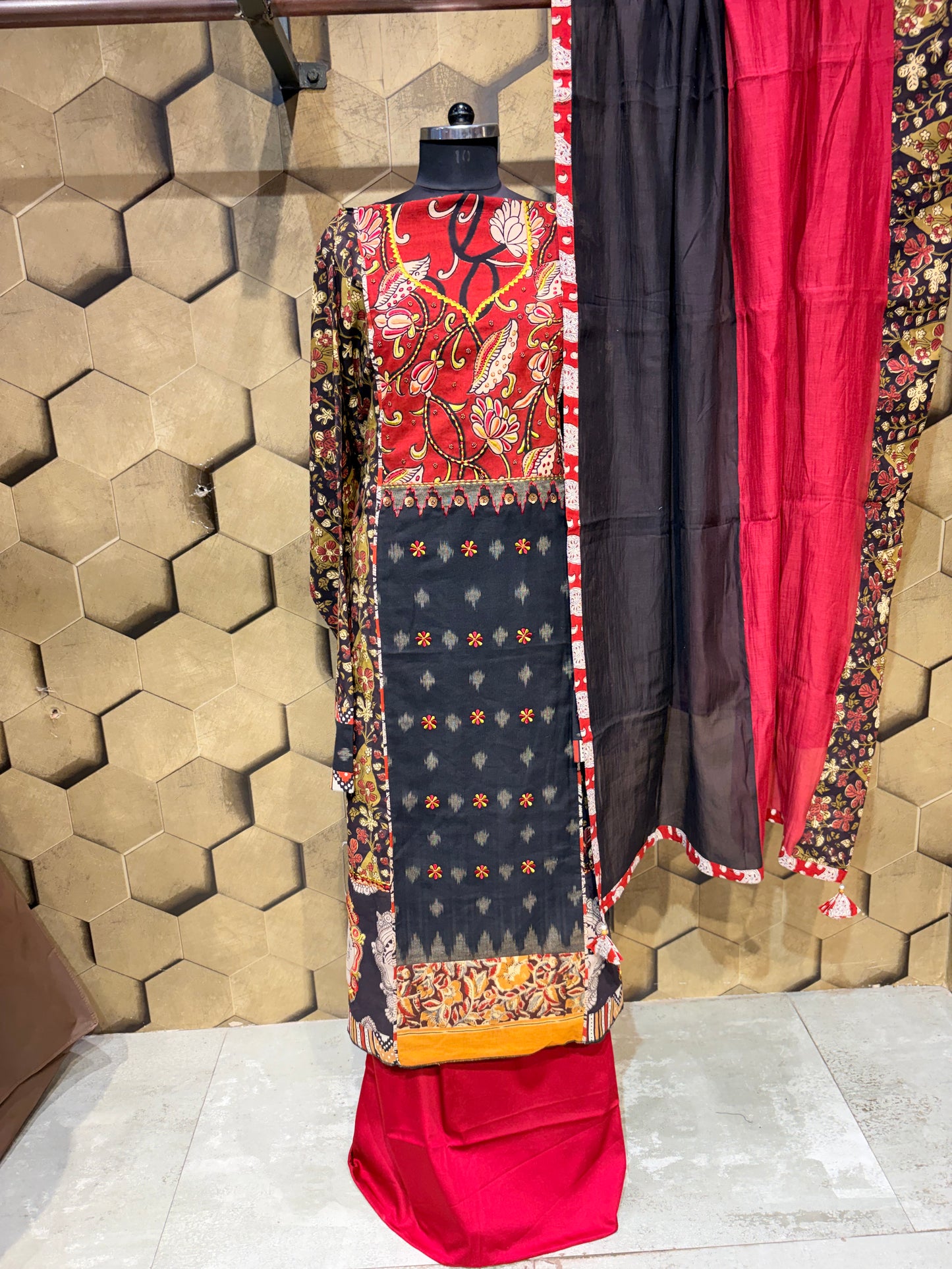 Elegant pure cotton suit set featuring a striking centre panel in pure Ikkat with hand-block Kalamkari
