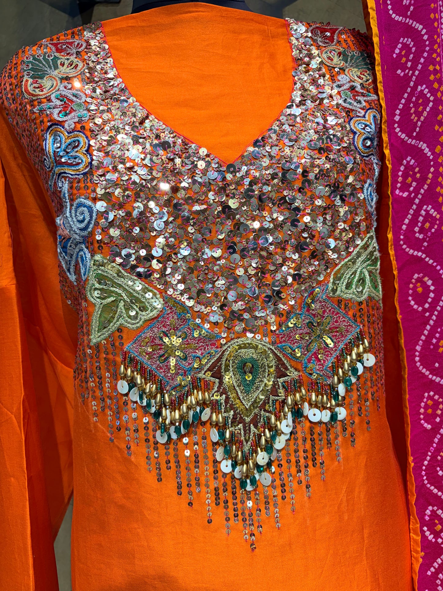 Luxurious and Vibrant Orange Pure Chanderi festive ensemble