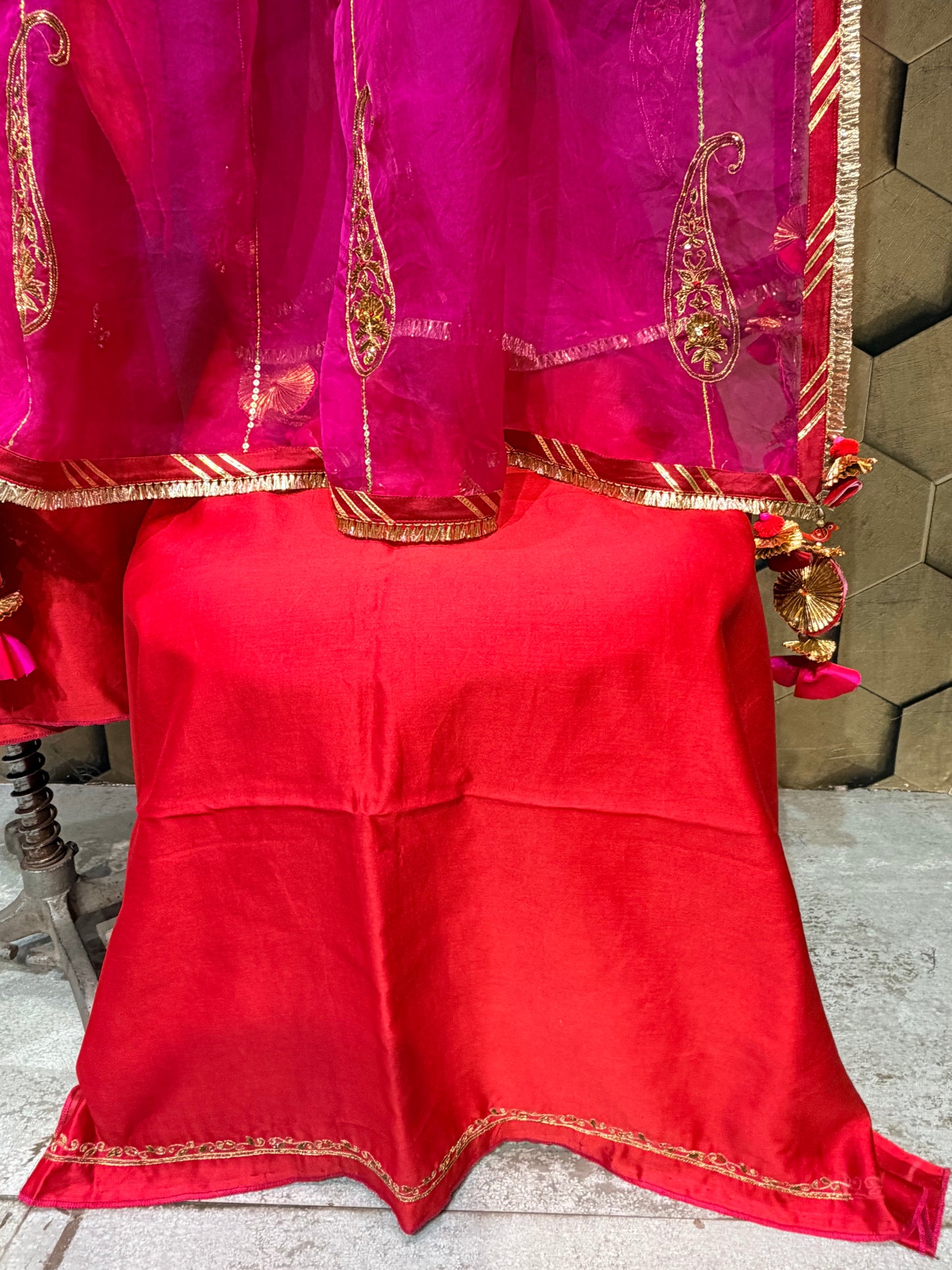 A Timeless Symphony of Red & Fuchsia in Elegant Chanderi with intricate Hand embroidery