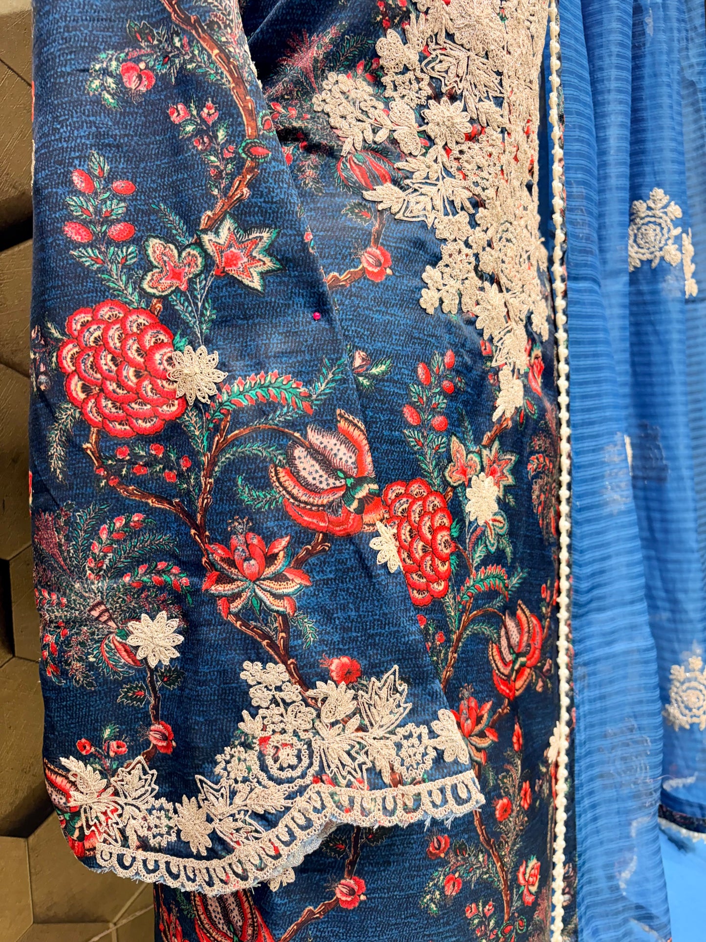 Luxurious linen satin suit set with dori embroidery