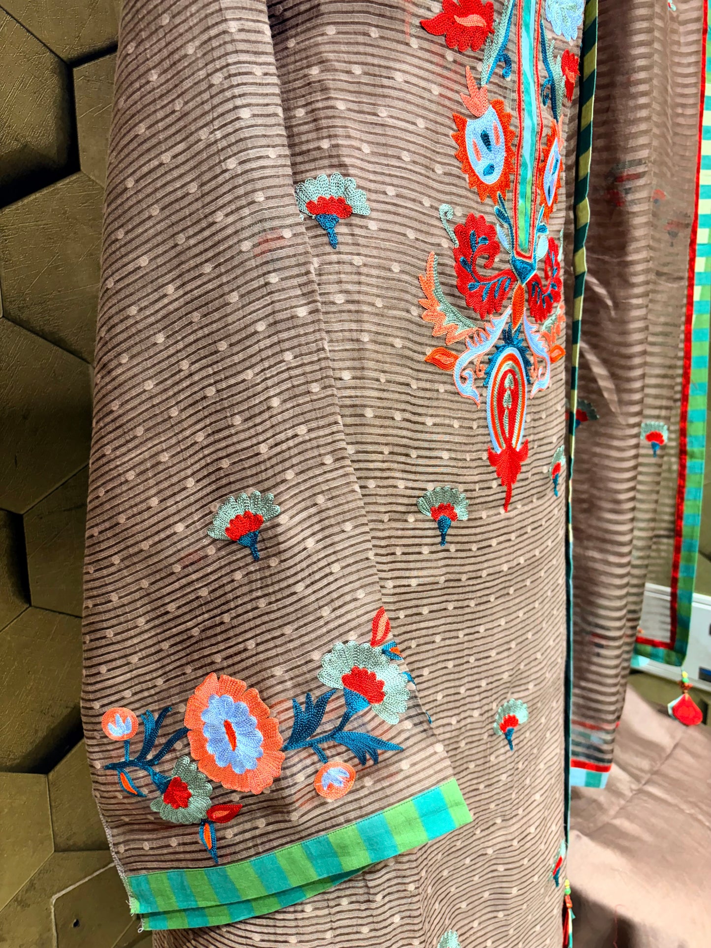 A graceful Mouse shade outfit in Mul Chanderi