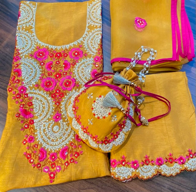 Classy and elegant embroidery outfit in mustard