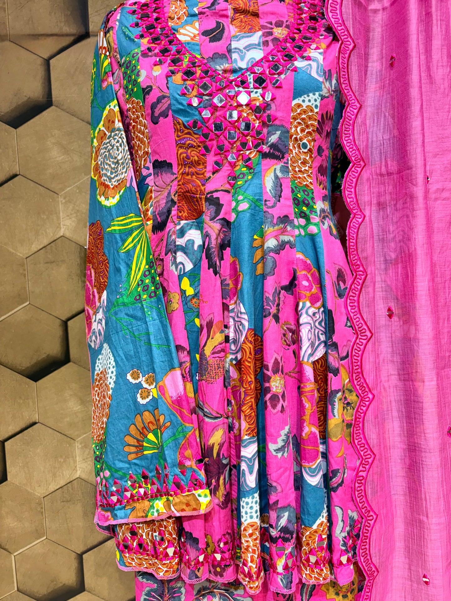 Pink & Teal Mirrorwork Anarkali in Pure Cotton