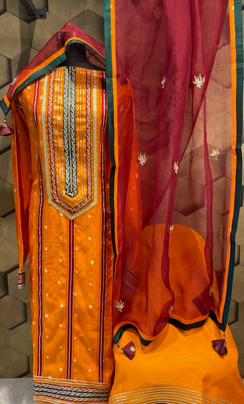 Pure Silk bandhini outfit with contrast dupatta