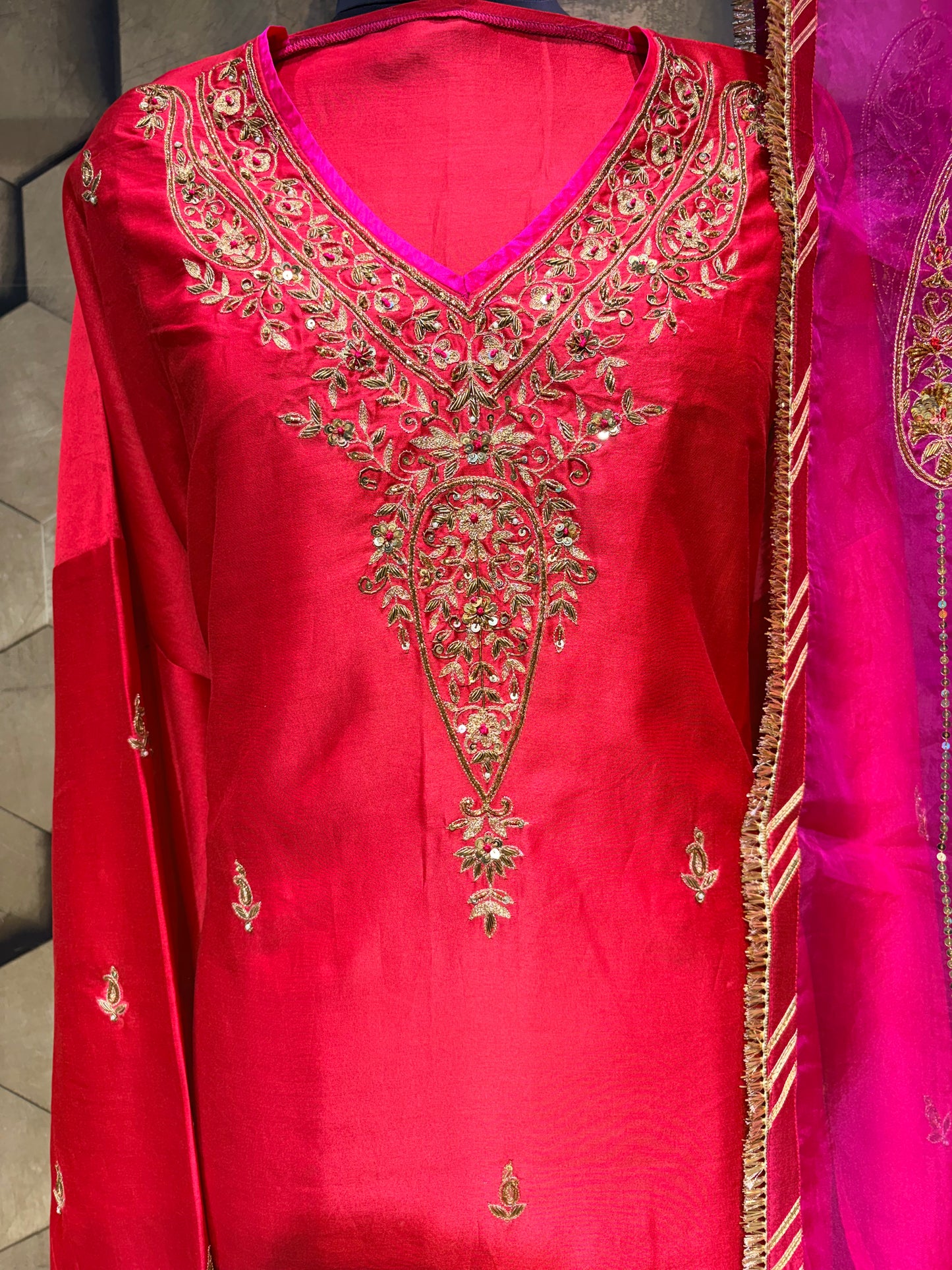 A Timeless Symphony of Red & Fuchsia in Elegant Chanderi with intricate Hand embroidery
