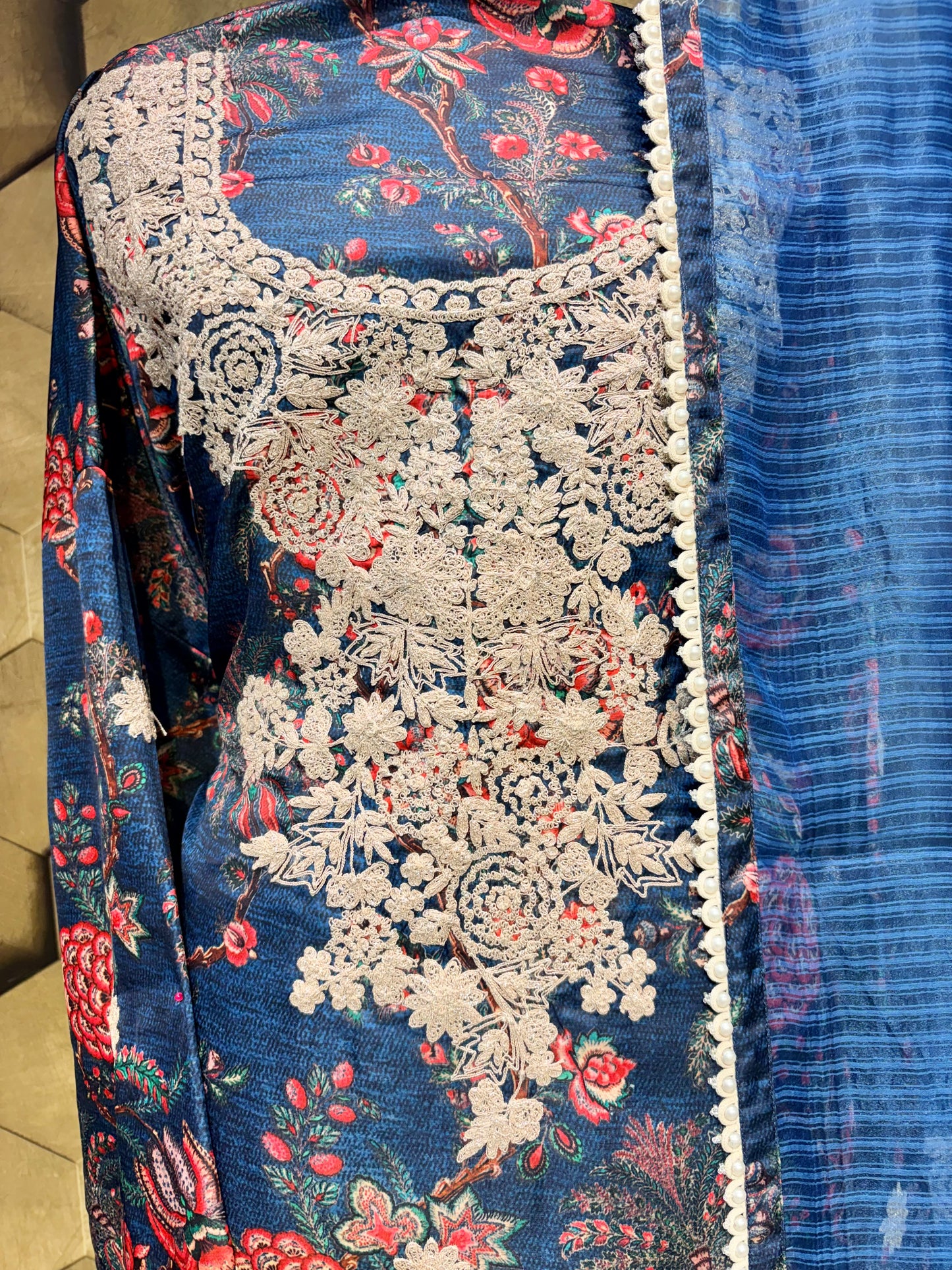 Luxurious linen satin suit set with dori embroidery