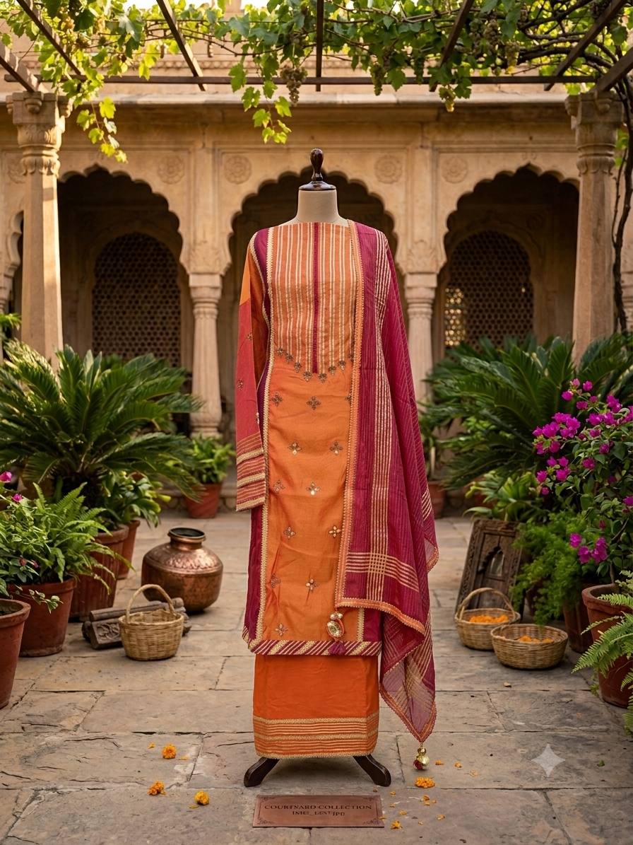 Beautiful Chanderi Salwar suit in a stunning combination of orange & wine