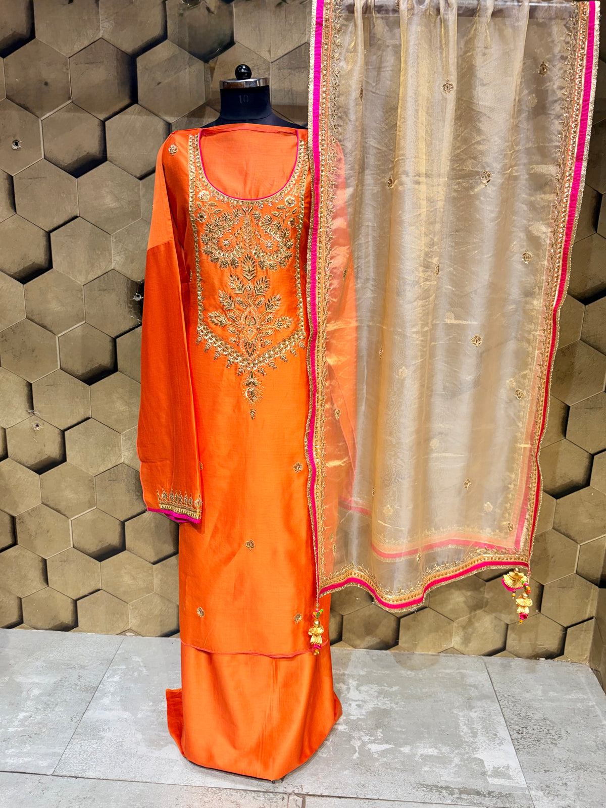 Pure Chanderi Orange & Fuchsia Festive Grandeur