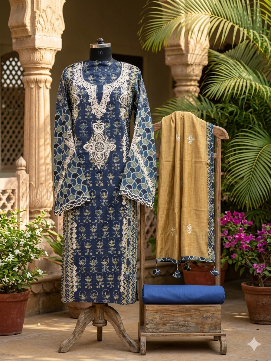 Ajrakh Cotton Suit Set with Resham Embroidery