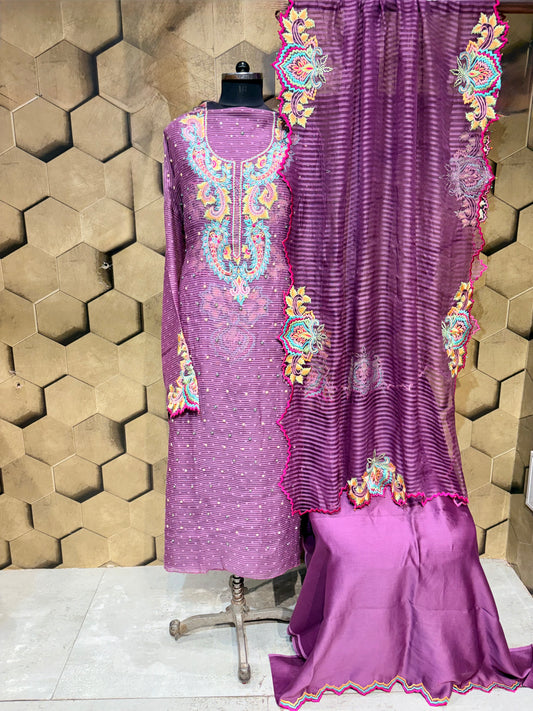 Exclusive handcrafted ensemble in Mul Chanderi with multi coloured embroidery