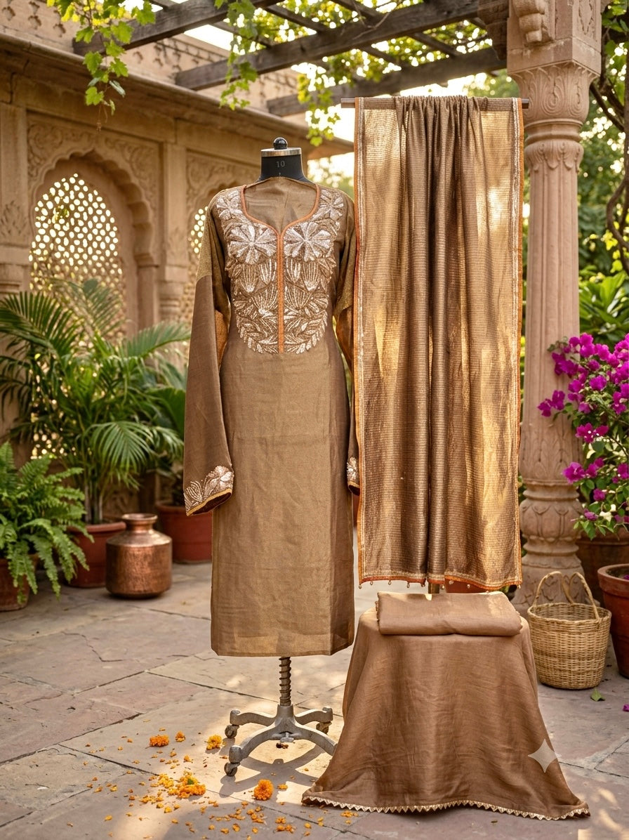 Copper Bronze Tissue Ensemble with Elegant Hand embroidery